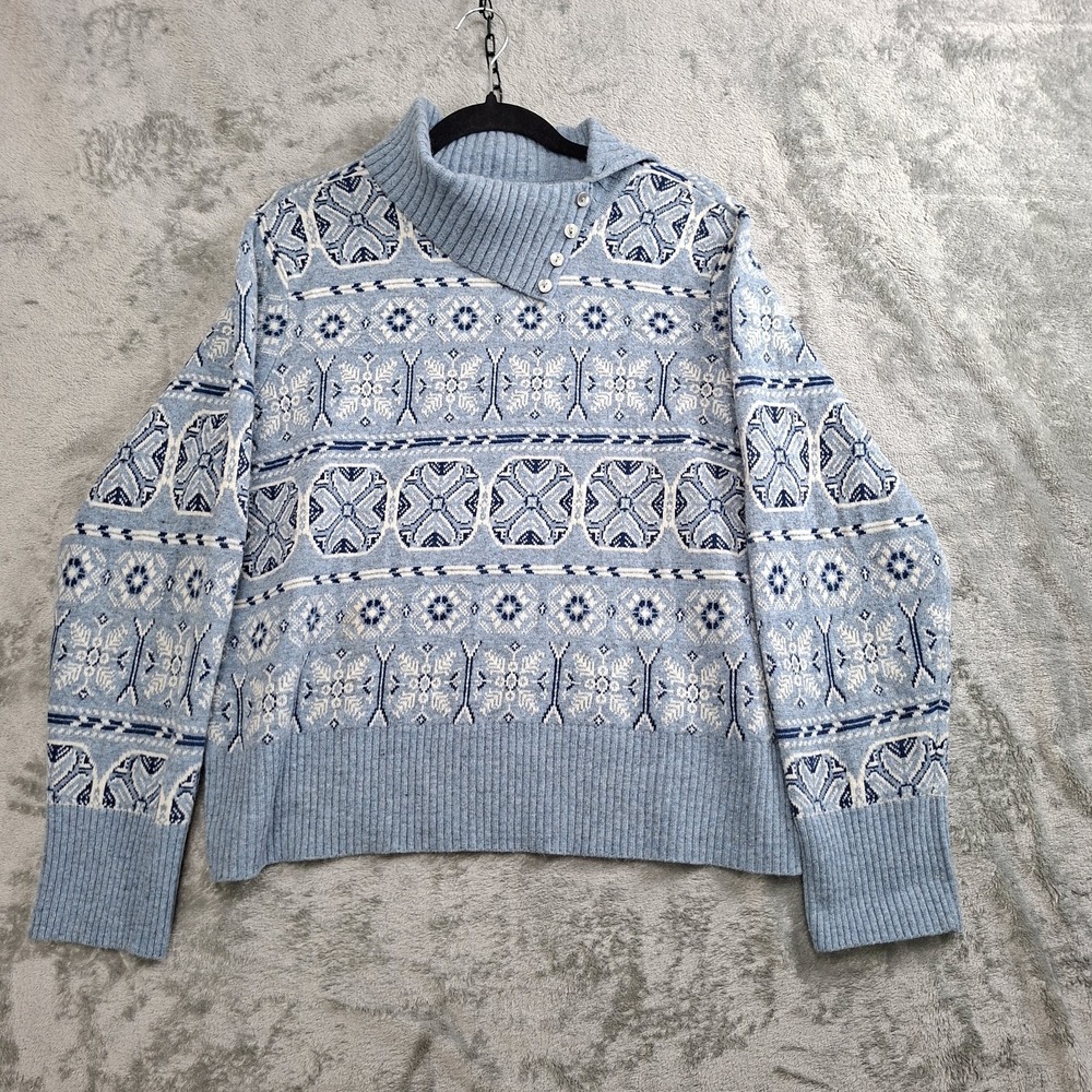 Liz Claiborne Sweater L Fair Isle Lambswool Angora Blend‎ Cozy Knit Button Neck